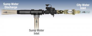 Basepump EZ and PRO ejector on blue background showing water direction entering and exiting